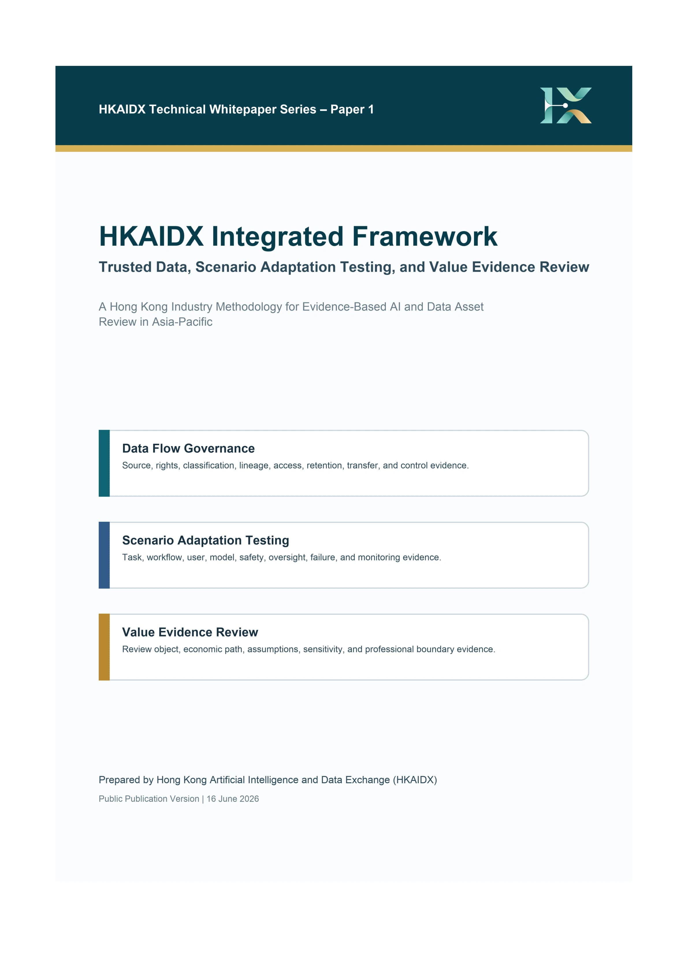 HKAIDX Integrated Framework: Trusted Data, AI Scenario Testing, and Value Evidence Review cover